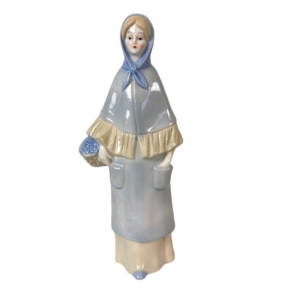 Frankel Lady Figurine Vintage Ceramic Flower Girl Basket Elegant Muted Blue - Picture 2 of 15